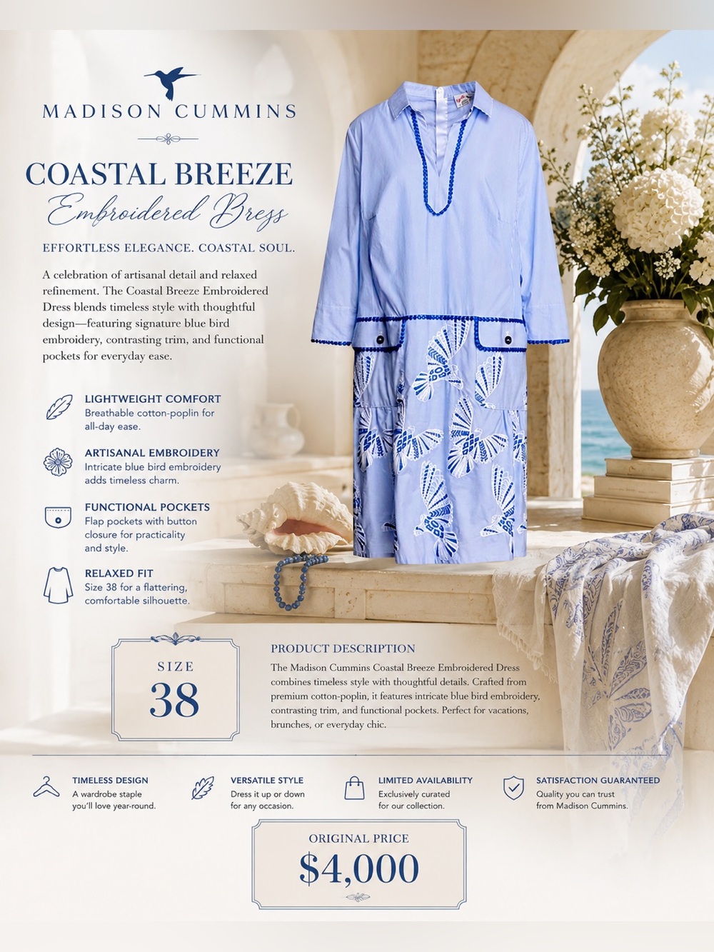 Madison Cummins Blue Embroidered Butterfly Dress Size 38 Coastal Boho Luxe Tunic